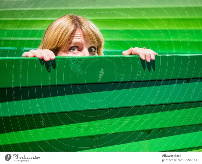 Junge Frau schaut vorsichtig über einen Holzzaun Kopf Zaun Grenze spionieren Blick beobachten Vorsicht grün Schüchternheit zögern hervorgucken drüberschauen