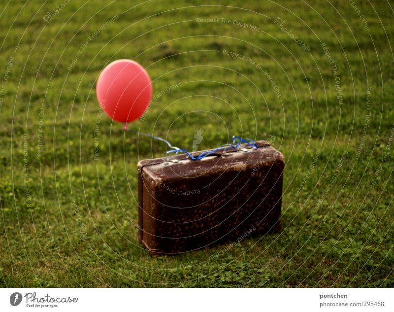 Alter Koffer mit rotem Luftballon auf einer Wiese. Reisen, Luftfracht, Freiheit Ferien & Urlaub & Reisen Garten Dekoration & Verzierung Post Luftverkehr Natur