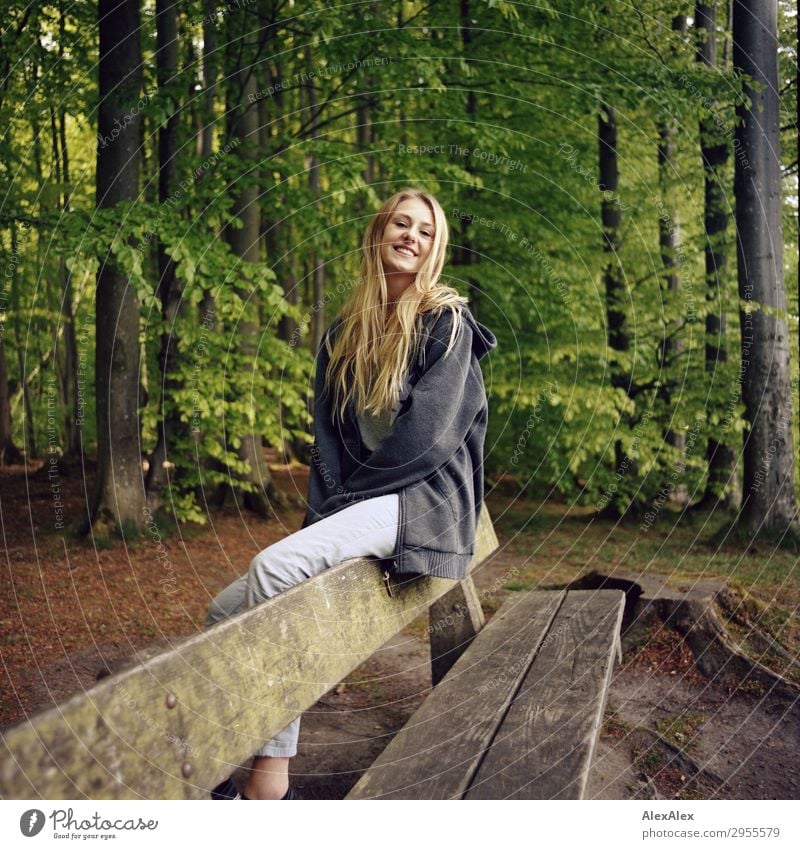 Junge Frau sitzt lächelnd auf einer Bank in einem Wald Stil Freude schön Leben harmonisch Jugendliche 18-30 Jahre Erwachsene Natur Landschaft Schönes Wetter