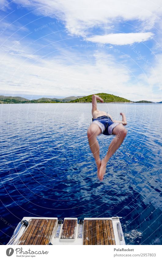 #S# Sprung ins Blaue Freizeit & Hobby maskulin 1 Mensch sportlich springen Segelboot Wasser blau Meer Insel Kühlung Ferien & Urlaub & Reisen Urlaubsstimmung