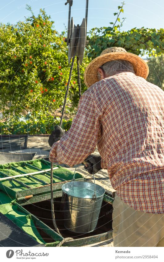Alter Bauer mit Strohhut, der Wasser aus einem alten Brunnen zieht. Gemüse Lifestyle schön Gesundheitswesen sportlich Wellness Leben harmonisch Wohlgefühl ruhig