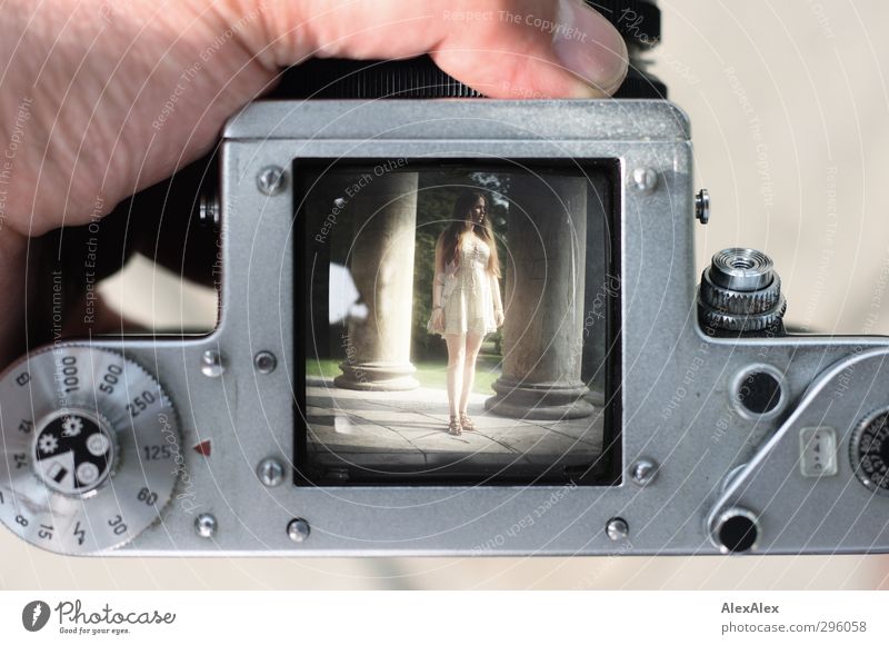 Durchblick Fotokamera Technik & Technologie Junge Frau Jugendliche Körper Beine 18-30 Jahre Erwachsene Kleid Sandale brünett langhaarig Glas Metall alt trendy