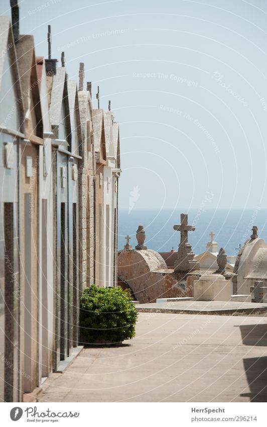 Ruhelage mit Meerblick Wolkenloser Himmel Schönes Wetter Menschenleer Gebäude blau braun grau Friedhof Familiengruft Gruft Christliches Kreuz Korsika Küste