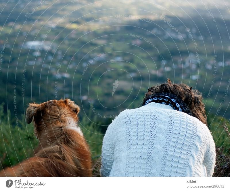 wir beide wandern 1 Mensch Schönes Wetter Hügel Berge u. Gebirge Hund Tier Traurigkeit Freundlichkeit frisch Gesundheit Zusammensein positiv wild grün weiß
