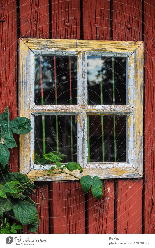 Fenster an einem Schuppen in Südschweden. Mauerwerk blau Farbe verwittert Wand wall Bauwerk Architektur Textur Struktur Haus Hauswand Stadt urban städtisch