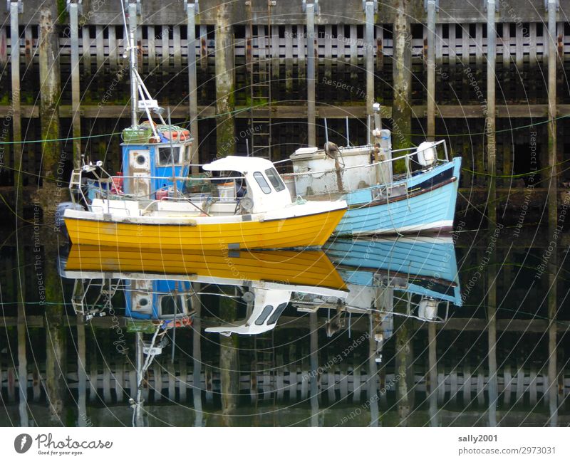 Ruhe im Hafen... Schifffahrt Fischerboot Motorboot fest Zusammensein maritim blau gelb Gelassenheit geduldig ruhig Pause Fischereiwirtschaft 2 klein ankern