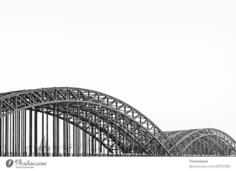 Über den Rhein! Tourismus Himmel Köln Brücke Bauwerk Sehenswürdigkeit Wahrzeichen Hohenzollernbrücke Verkehr Schienenverkehr Metall ästhetisch einfach grau