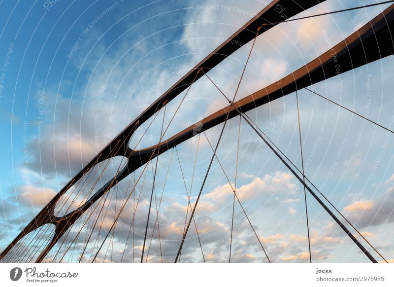 Luftbrücke Brücke Architektur hoch modern oben blau braun schwarz ästhetisch Zukunft Zusammenhalt Drahtseil Farbfoto Außenaufnahme Menschenleer Tag Kontrast
