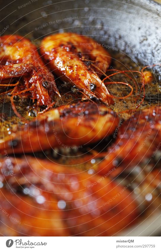 Mr. Gambas. Kunst ästhetisch Foodfotografie Meeresfrüchte Garnelen kochen & garen Pfanne Abendessen Fett lecker mediterran Ernährung rot klein Vorspeise