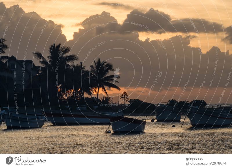 Eine kleine Bucht in Mauritius mit mehreren verankerten Booten in der Abenddämmerung Ferien & Urlaub & Reisen Sommerurlaub Meer Landschaft Nachthimmel