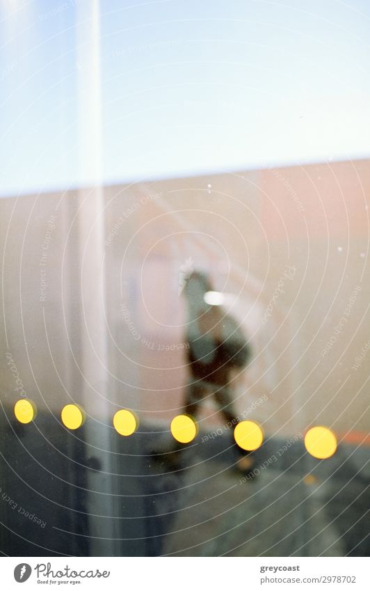 Eine blaue erwachsene Figur hinter dem Glas, gefärbt mit der Reflexion von sechs gelben Kreisen Mensch Mann Erwachsene Abenteuer Abstraktion Grundriss urban