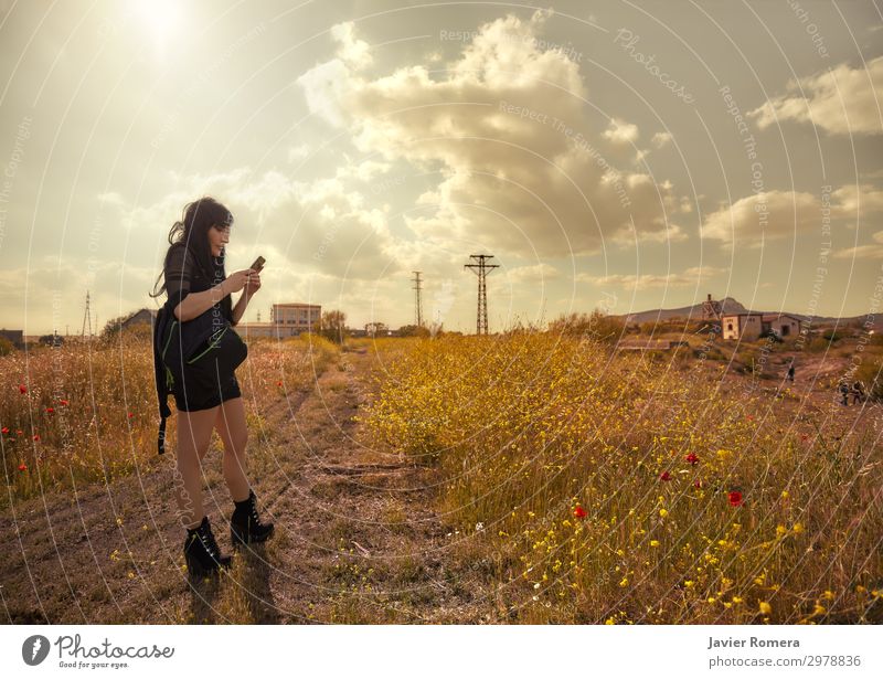 Einsam verlorene Brünette beobachtet ihr Telefon auf dem Land. ruhig Freiheit Sommer Sonne Technik & Technologie Frau Erwachsene Landschaft Himmel Wolken