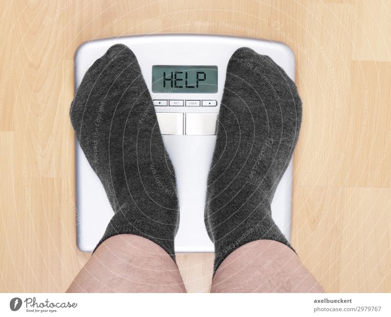 Waage ruft nach Hilfe Lifestyle Gesundheit Gesundheitswesen Übergewicht Häusliches Leben Mensch maskulin Mann Erwachsene 1 stehen Humor wiegen Gewichtsprobleme