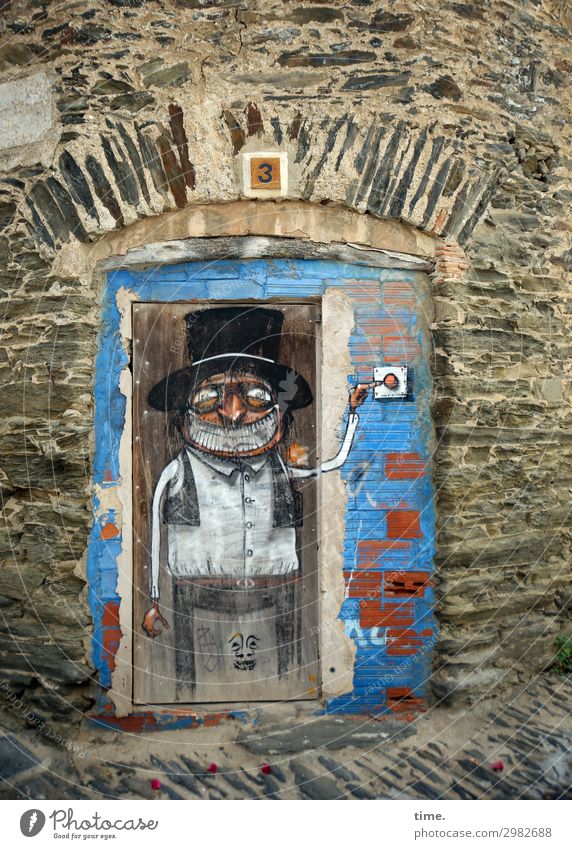 Schellemännchen maskulin Mann Erwachsene 1 Mensch Kunst Gemälde karikatur Mauer Wand Tür Klingel Eingang Graffiti beobachten festhalten lachen dunkel historisch