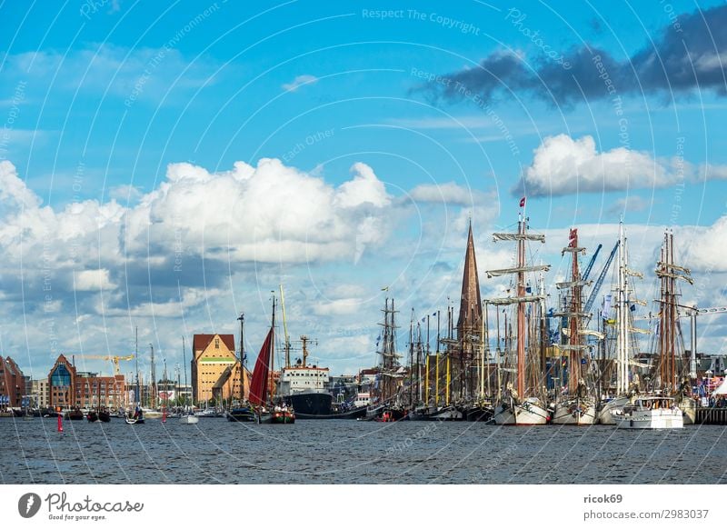 Segelschiffe auf der Hanse Sail in Rostock Erholung Ferien & Urlaub & Reisen Tourismus Sommer Haus Segeln Natur Landschaft Wasser Wolken Fluss Stadt Gebäude