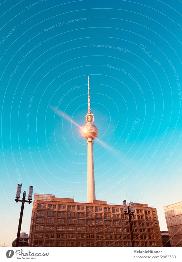 Berlin Fernsehturm Alexanderplatz Hauptstadt Wahrzeichen entdecken blau kaufen Tourismus Besichtigung Blick Farbfoto mehrfarbig Textfreiraum links
