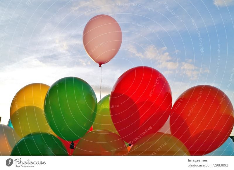 Mischung aus bunten Luftballons über blauem Himmel. Freude Freizeit & Hobby Feste & Feiern Geburtstag Lebensfreude Liebe "abstrakt aktivität abenteuer luft