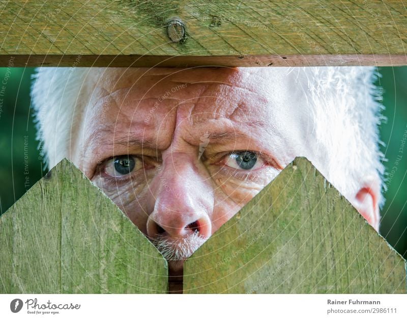 ein neugieriger Nachbar schaut durch einen Lattenzaun Neugier Neugierde Blick Außenaufnahme Tag Mensch Zaun beobachten Strohhut Blick in die Kamera Porträt