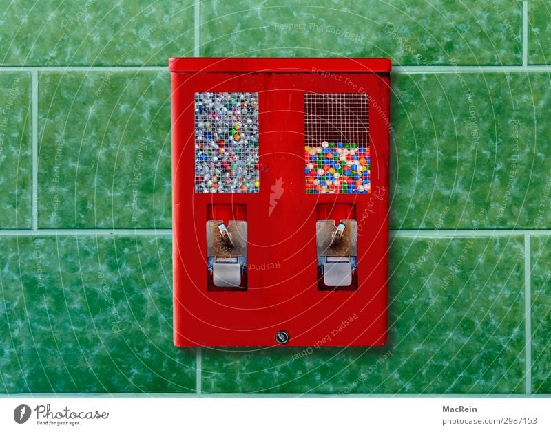 Kaugummiautomat Süßwaren Fastfood Verpackung Metall wählen drehen kaufen eckig historisch retro grün rot Geld Kindheit Nostalgie Fliesen u. Kacheln Geldkassette