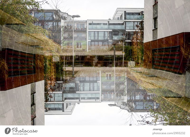 symm. Wohnung Nachbar Pflanze Haus Bauwerk Gebäude Architektur Wohngebiet modern Surrealismus Symmetrie Doppelbelichtung Farbfoto Außenaufnahme abstrakt