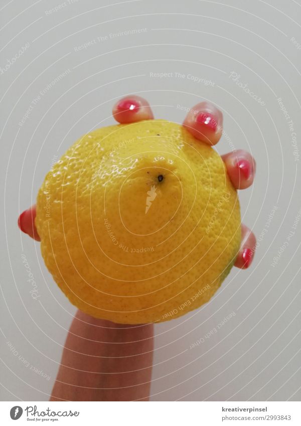 Zitronen Gelb Lebensmittel Ernährung Picknick Diät feminin Frau Hand Finger Pflanze gelb rot Farbfoto Innenaufnahme Nahaufnahme Kunstlicht Zentralperspektive