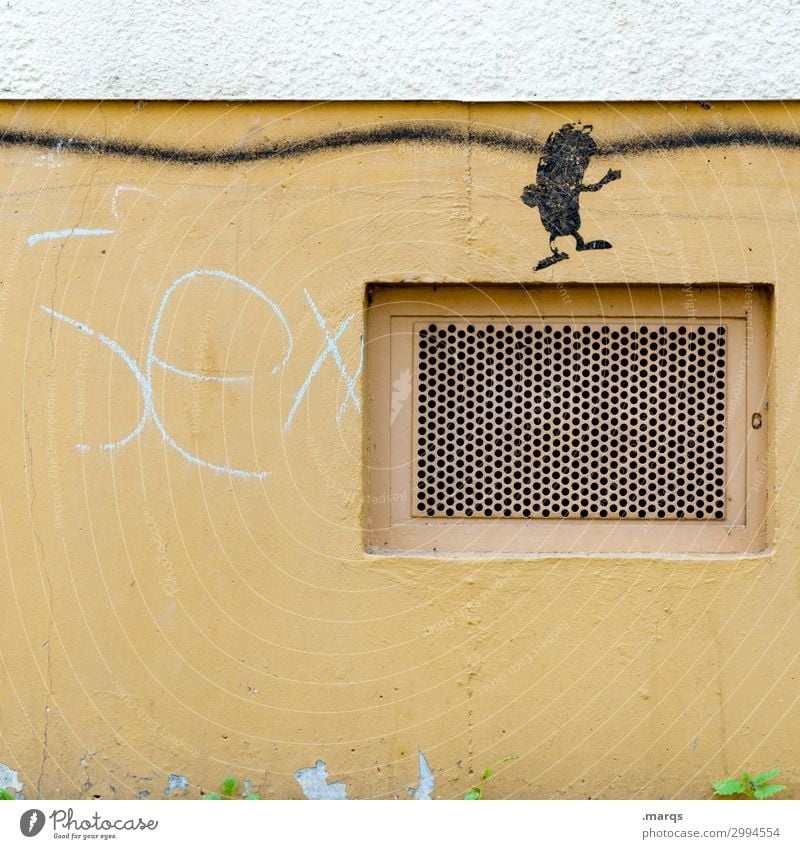 Sex Mauer Wand Gitter Schriftzeichen Graffiti trashig gelb Partnerschaft Sexualität Verfall Farbfoto Außenaufnahme Nahaufnahme Strukturen & Formen Menschenleer
