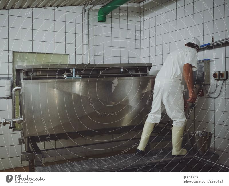 mozzarella-maker Käse Bioprodukte maskulin 1 Mensch Arbeit & Erwerbstätigkeit Molkerei Landwirtschaft Büffel Mozzarella Schwäbische Alb Produktion Kessel Kübel