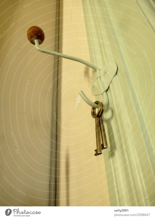 Schlüsselanhänger... Metall alt klein Schrankschlüssel Kleiderhaken Aufhänger Wand Ecke lindgrün Innenaufnahme Nahaufnahme Sicherheit Ring Froschperspektive 2
