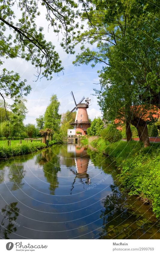 Wassermühle an einem Bach Umwelt Natur Landschaft Pflanze Tier Frühling Sommer Bauwerk Architektur Identität Idylle Gebäude Windrad blau Himmel Windmühle