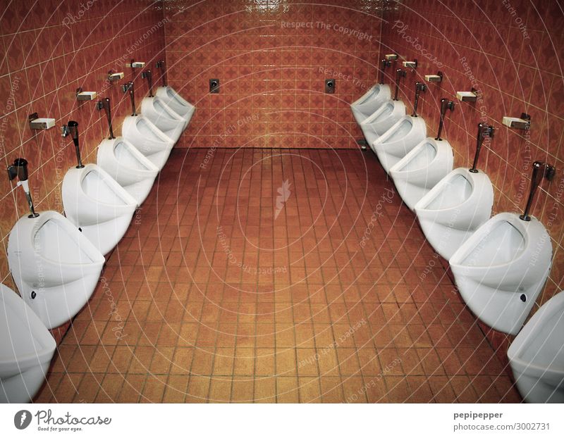 Großraum-Toilette Häusliches Leben Innenarchitektur Pissuar Pissoir Restaurant Bad Fliesen u. Kacheln Urinal Stein trashig orange weiß Männertoilette Dinge