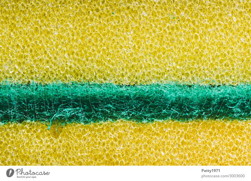 Küchenschwamm (Makro) Häusliches Leben Wohnung Bad Schwamm Oberflächenstruktur Kunststoff Sauberkeit gold grün rein Reinigen kratzig kraus Reinigungsmittel