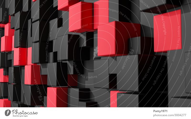 Kubus Wand - 3D Render Würfel Hintergrundbild eckig modern rot schwarz bizarr Business Symmetrie dreidimensional Farbfoto Menschenleer Textfreiraum rechts