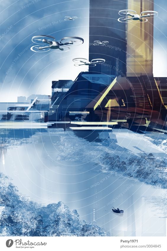 Drohnen fliegen durch eine futuristisch anmutende Landschaft. Abstrakte Science Fiction Illustration. Hochhaus Fluggerät Technik & Technologie Fortschritt