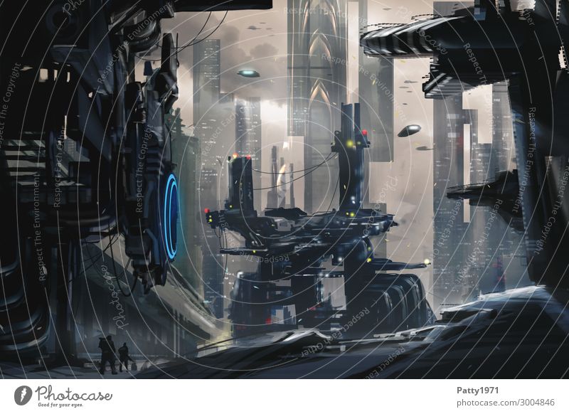 Dystopische Industrielandschaft der Zukunft. Abstraktes Science Fiction Konzept. Technik & Technologie Fortschritt High-Tech Luftverkehr Raumfahrt Raffinerie