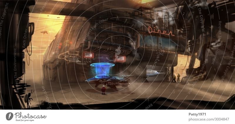 Die Tankstelle - Illustration Gastronomie Imbiss Diner Technik & Technologie Fortschritt Zukunft High-Tech Industrie Raumfahrt Science Fiction Landschaft Sand