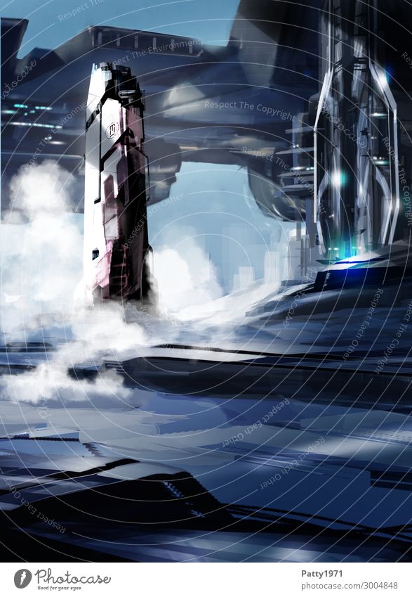 Futuristisches Raumfähre kurz vor dem Start im Raumhafen. Abstrakte Science Fiction Illustration. Technik & Technologie Raumfahrt Zukunft High-Tech Luftverkehr