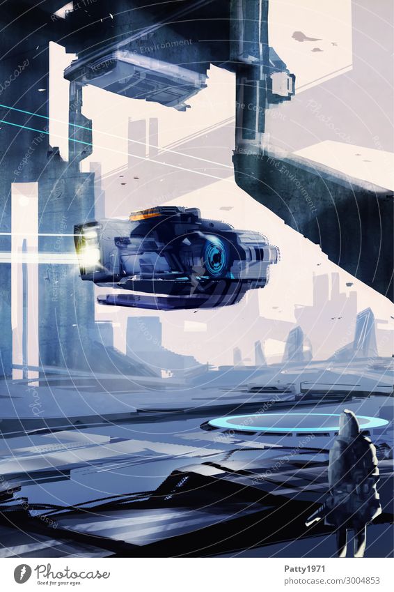 Raumschiff gleitet durch eine futristische Industrielandschaft. Abstrakte Science Fiction Illustration. Cyberpunk Skyline Technik & Technologie Fortschritt