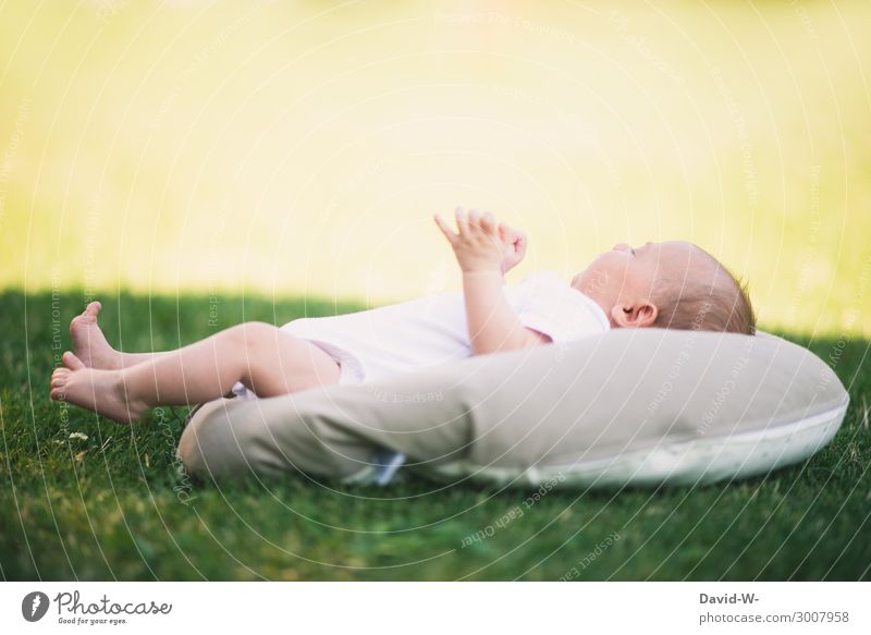 Baby liegt im freien allein auf einem Kissen draußen Natur liegen Säugling alleine jung