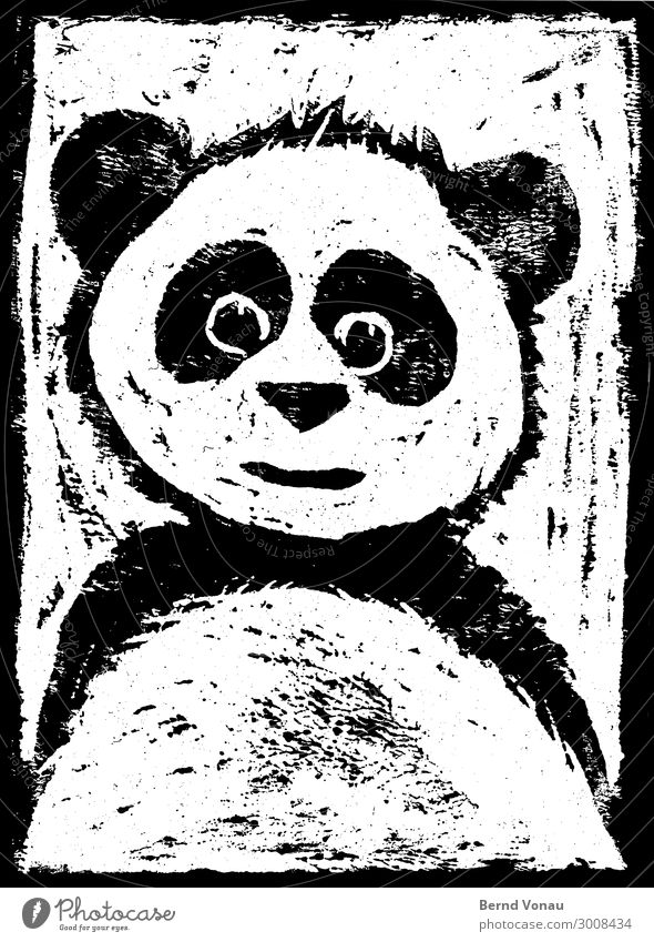 bambusbjörn Tier 1 Blick Panda illustrieren Zeichnung Holzschnitt Lächeln Freundlichkeit Auge Fell schwarzweiss Schwarzweißfoto abstrakt Kontrast