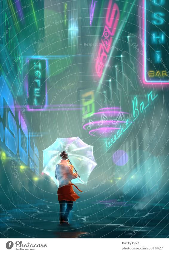 Digitale Illustration. Junge Frau mit Regenschirm steht in einer von Neonschriften beleuchteten Strasse einer futuristischen Cyberpunk City. Neonlicht