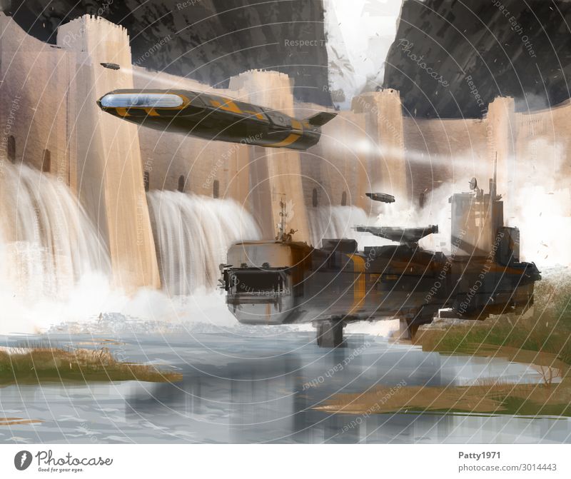 Raumschiff gleitet durch die Landschaft eines fremden Planeten. Im Hintergrund ein Staudamm und Berge. Abstrakte Science Fiction Illustration. Raumfahrt