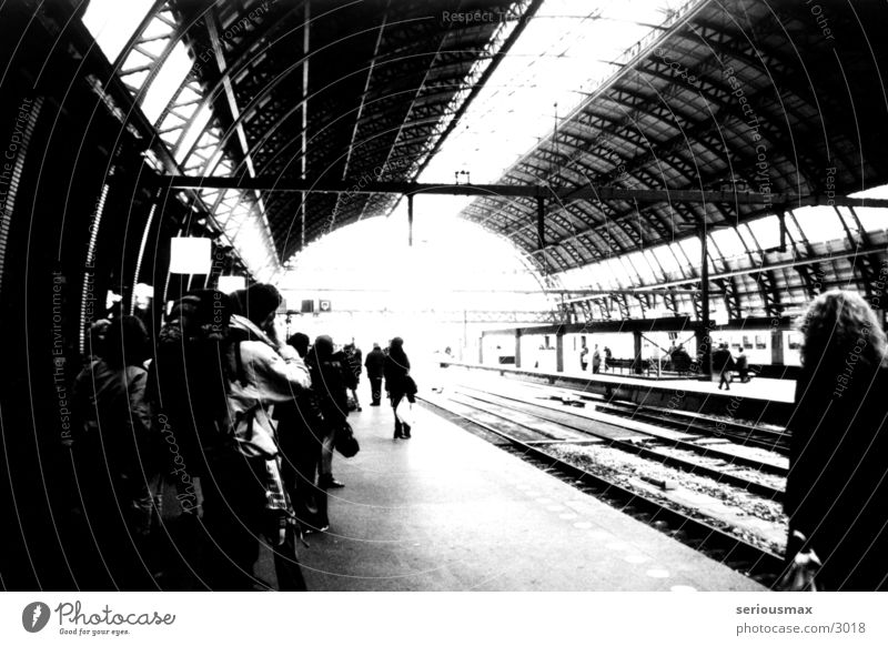 Station Amsterdam Gleise Passagier schwarz weiß Eisenbahn Koffer Bahnhof Ferien & Urlaub & Reisen