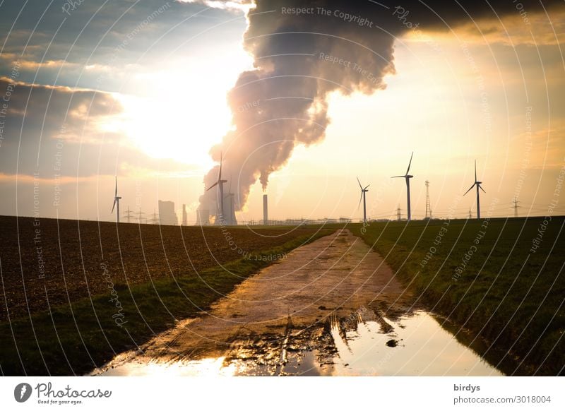 Energie und Klimawandel Energiewirtschaft CO2 Erneuerbare Energie Windkraftanlage Kohlekraftwerk Himmel Wolken Sonnenaufgang Sonnenuntergang Feld Wege & Pfade
