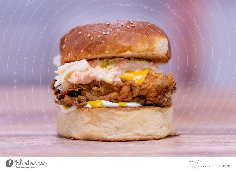 Blick auf einen Chicken Burger mit Cheddar-Käse Lebensmittel Fleisch Brot Brötchen Ernährung Mittagessen Abendessen Diät Fastfood frisch lecker saftig weiß
