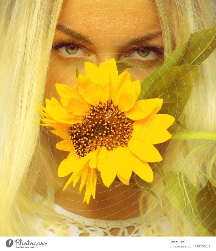 Durch die BLume Mensch feminin Junge Frau Jugendliche Erwachsene Gesicht Natur Sommer Haare & Frisuren blond gelb Sonnenblume glücklich geheimnisvoll Geheimnis