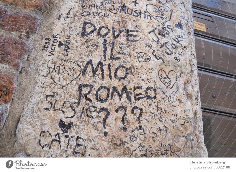Traummann gesucht Städtereise Kultur Romeo und Julia Verona Italien Kleinstadt Altstadt Mauer Wand Stein Schriftzeichen Liebe schreiben träumen Traurigkeit