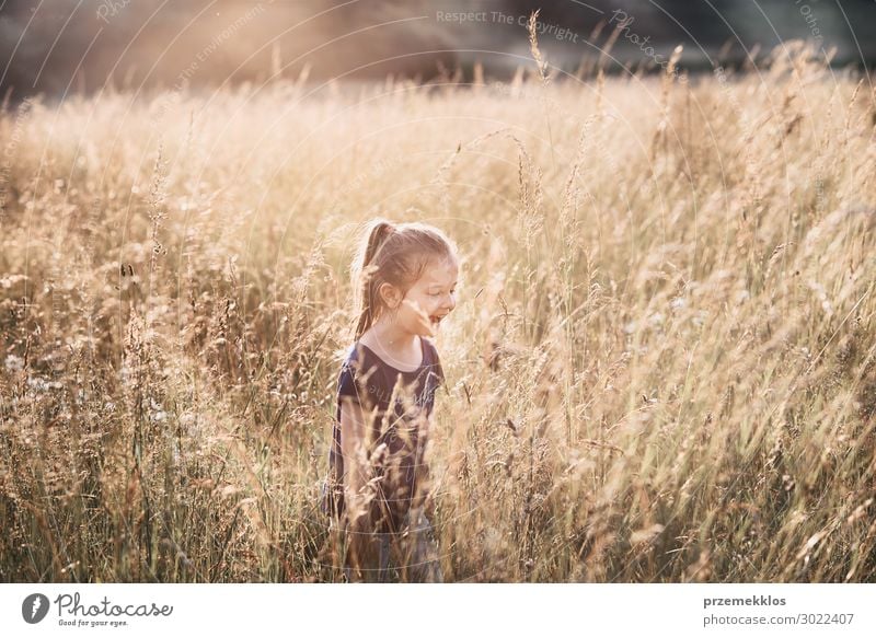 Kleines glückliches Mädchen, das durch ein hohes Gras läuft. Lifestyle Freude Glück Erholung Ferien & Urlaub & Reisen Sommer Sommerurlaub Kind Mensch