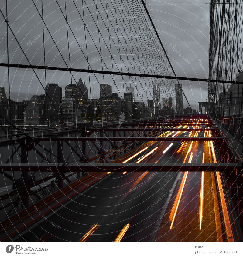 nyc nightlife Himmel Wolken Horizont New York City Brooklyn Bridge Hafenstadt Skyline Hochhaus Brücke Bauwerk Architektur Sehenswürdigkeit Wahrzeichen Verkehr
