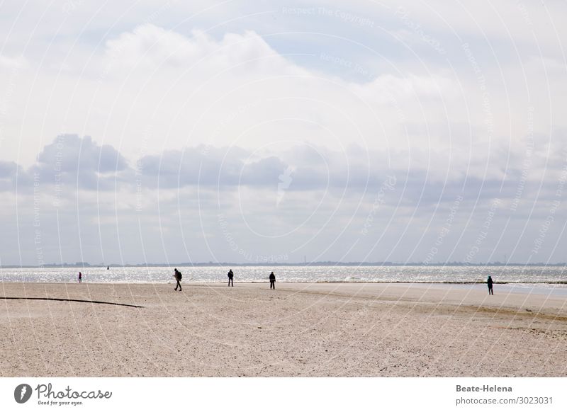 Spaziergänger am Strand bei bewölktem Himmel weißer Sand Küstenstreifen Landschaft Ferien & Urlaub & Reisen Wasser abstand halten Corona-Virus Wolkenhimmel