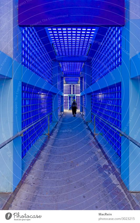 Blauer Bahnhofspassage Mensch feminin Frau Erwachsene 1 18-30 Jahre Jugendliche Bahnsteig Fahrstuhl blau Haltestelle Glasbaustein Durchgang Bahnhofshalle